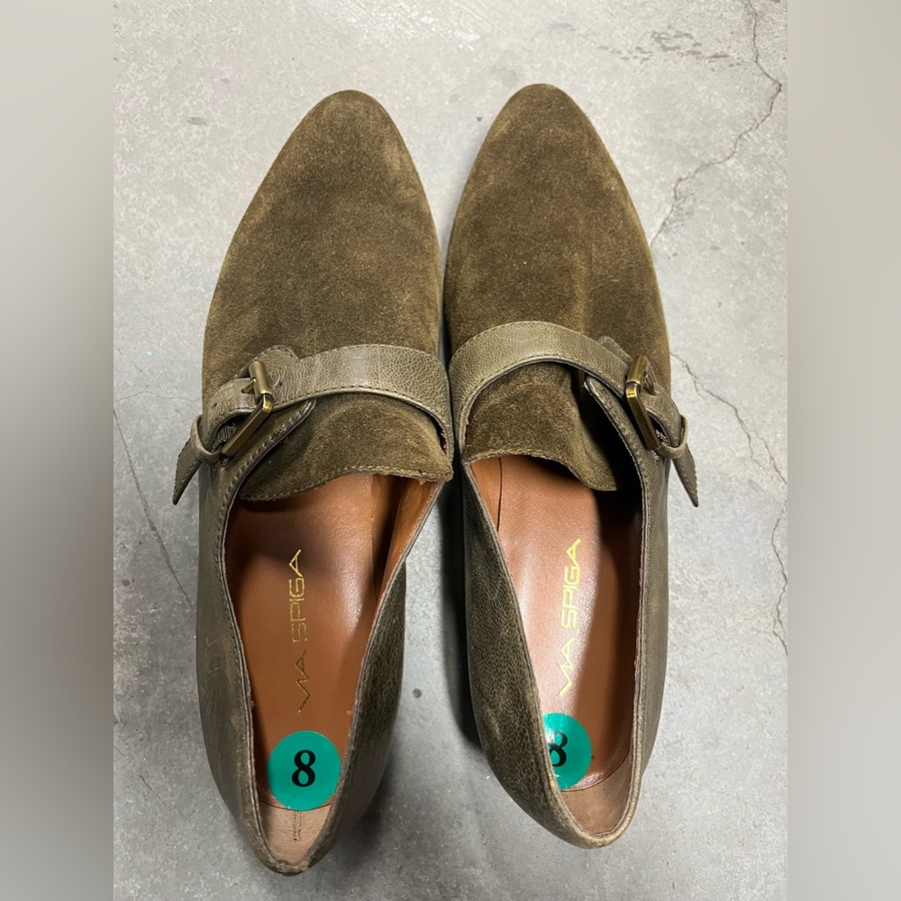 Via Spiga Monk Strap Loafer Flats  Pointed Olive Green Suede Leather Size 8